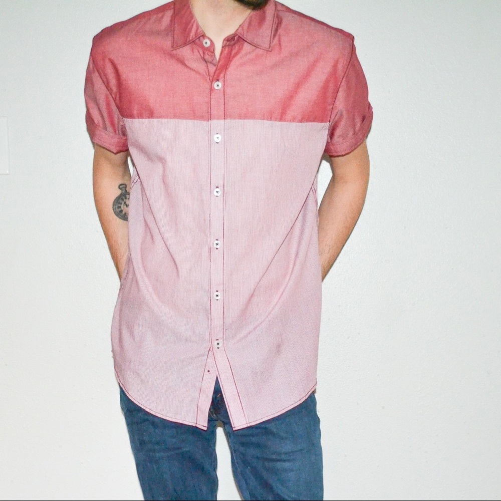 Two Tone Short Sleeve Button Down - Red
